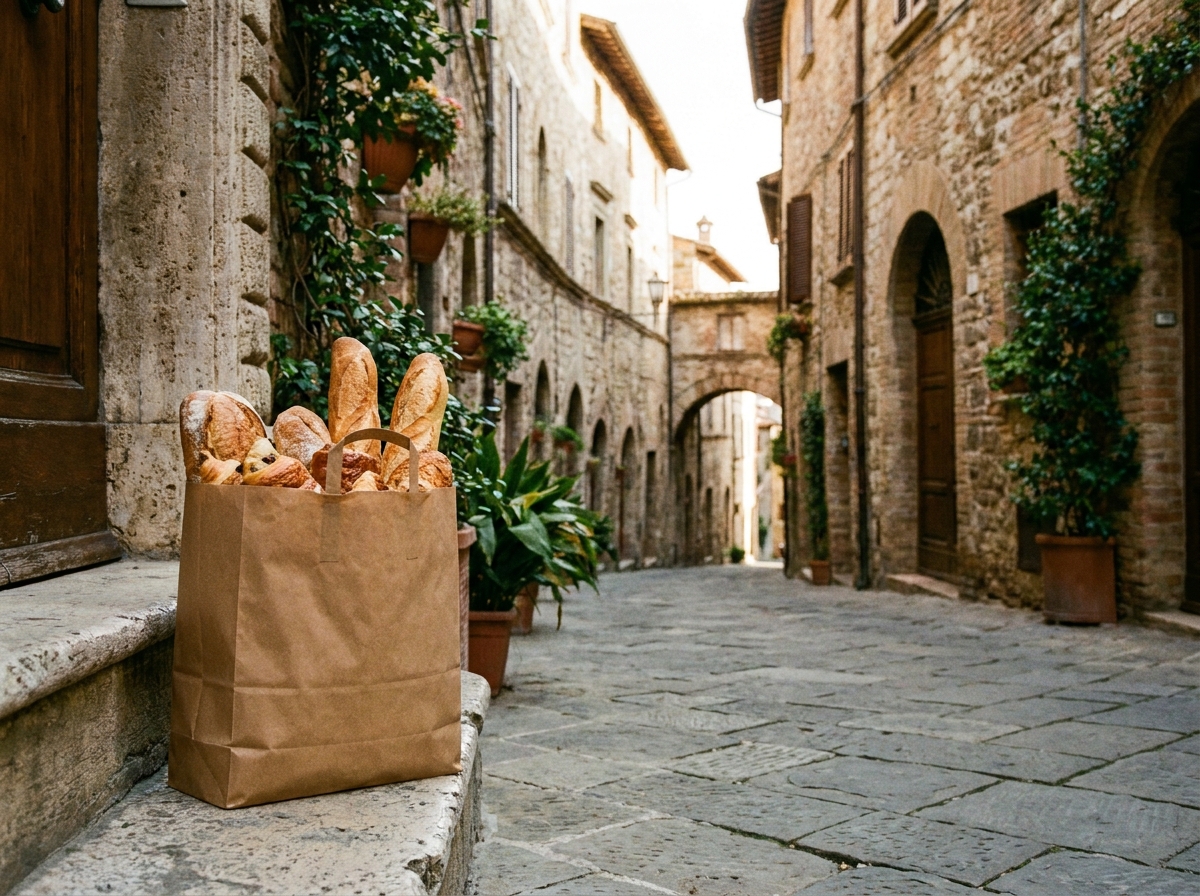 Sacchetto da consegna con pane davanti a una porta su strada storica